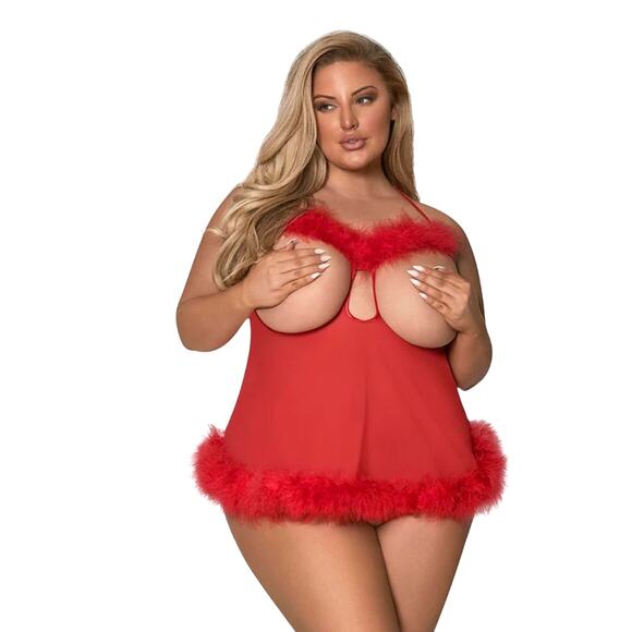 CUPLESS & CROTCHLESS BABYDOLL SET PLUS SIZE 1-3X MAGIC SILK MARABOU RED QUEEN - Picture 1 of 3